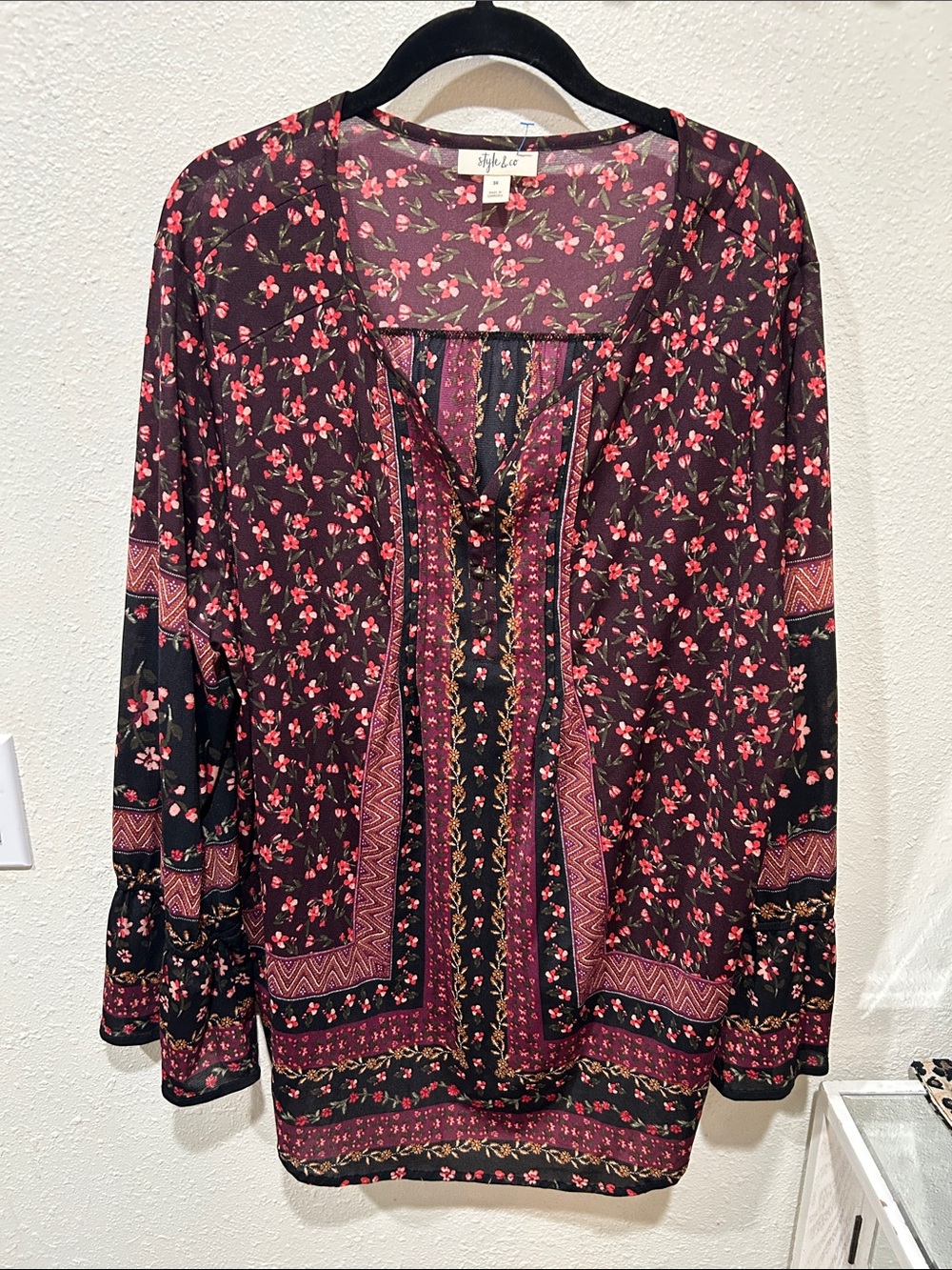 Style & Co. Black Tunic with Pink Floral and Burgundy Trim